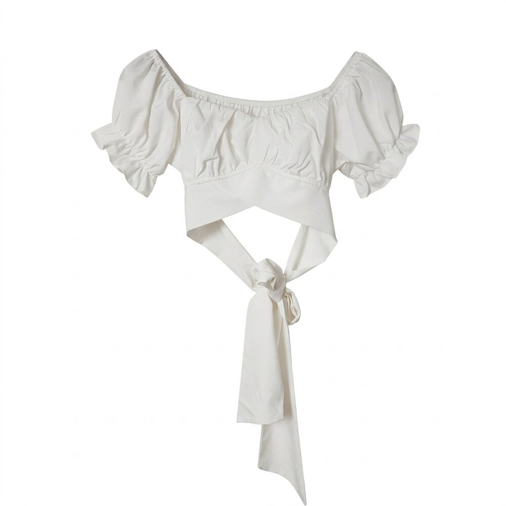 Lyaner White Off-the-Shoulder Crop Top with Tie-Back Size M Cottagecore Romantic